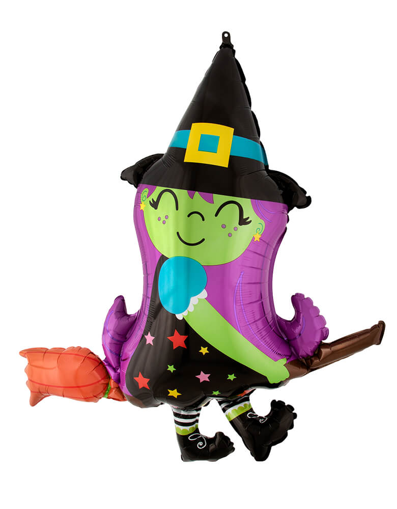 Cute Witch on Broom Shaped Foil Balloon