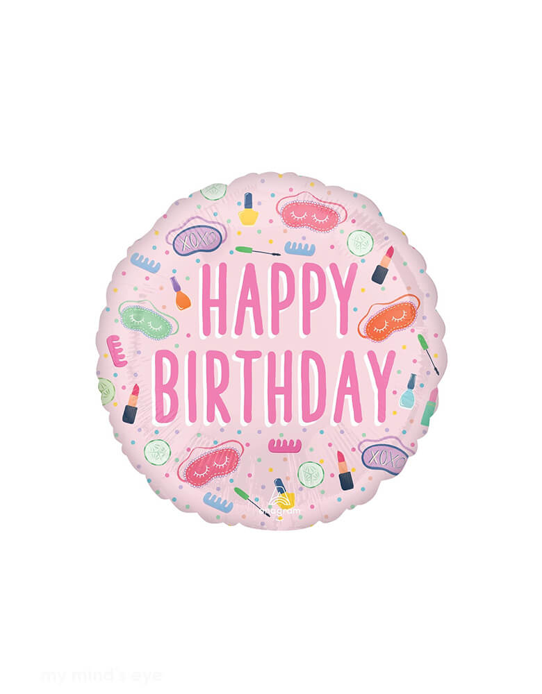 Momo Party's 18" Spa Party Happy Birthday Foil Mylar Balloon by Anagram Balloons. Adorned with whimsical beauty and self-care motifs in light pink color, it's the ultimate finishing touch to a spa-themed birthday for your girl!