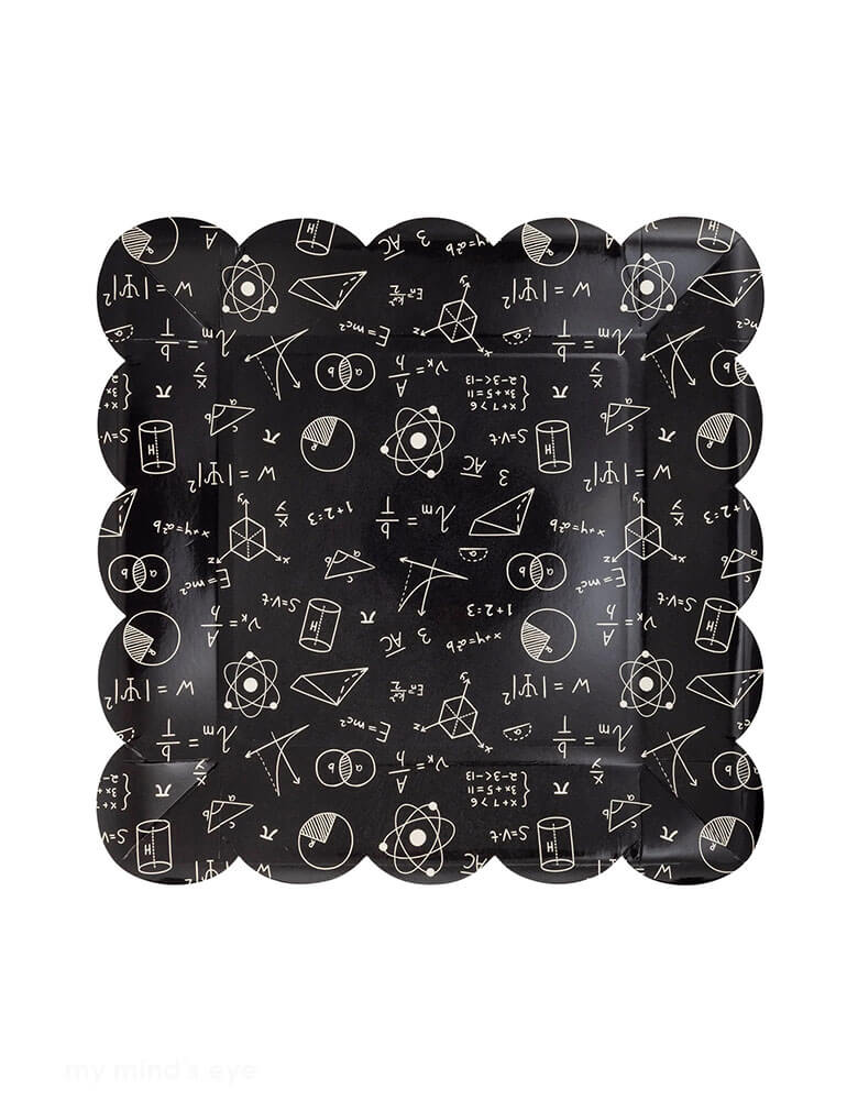 Momo Party's 9" Equations Paper Plates by My Mind's Eye. Comes in a set of 8 paper plates, these black scalloped paper plates with equations pattern are perfect for kid's back to school party or first day of school celebration. Perfect for any equation-loving student, it's a must-have for the upcoming school year!