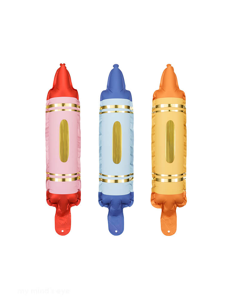 Momo Party's 2.75" x 11.8" Mini Crayon Foil Balloon Set by Party Deco. Comes in a set of 3 crayon balloons in red, blue and yellow, this crayon shaped balloons are perfect to spruce up any school event. Whether it's decorating for back to school or celebrating the first day of school, add this crayon balloon set to your balloon garland will add a fun and unique touch.