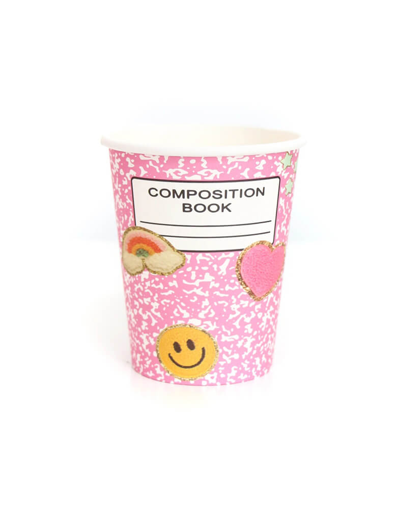 Momo Party's 9 oz Back To School Pink Composition Book Paper Cups by Kailo Chic. Comes in a set of 8 paper cups, inspired by retro composition notebooks, each with patches print, these party cups are sure add vintage vibes to your back to school gatherings!