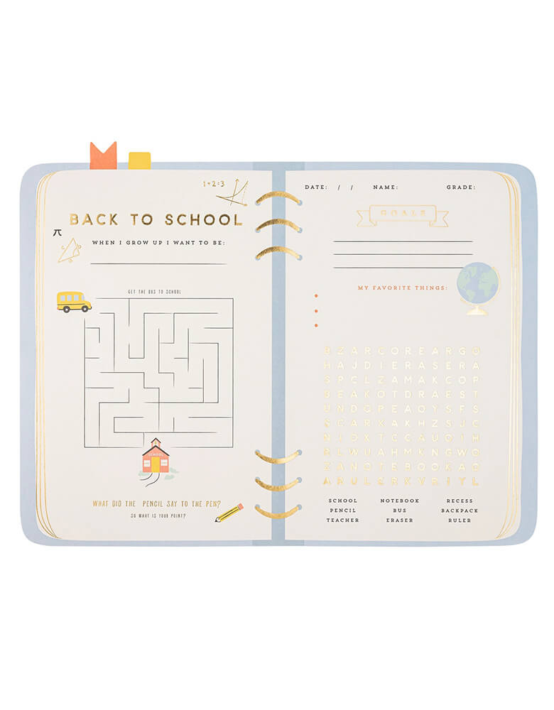 Momo Party's  15.5" x 11.5" Back To School Planner Placemats by My Mind's Eye. This unique placemat is shaped like a school planner and is perfect for keeping your party cute. With fun activities and space for writing, this placemat will add a playful touch to your back to school event.