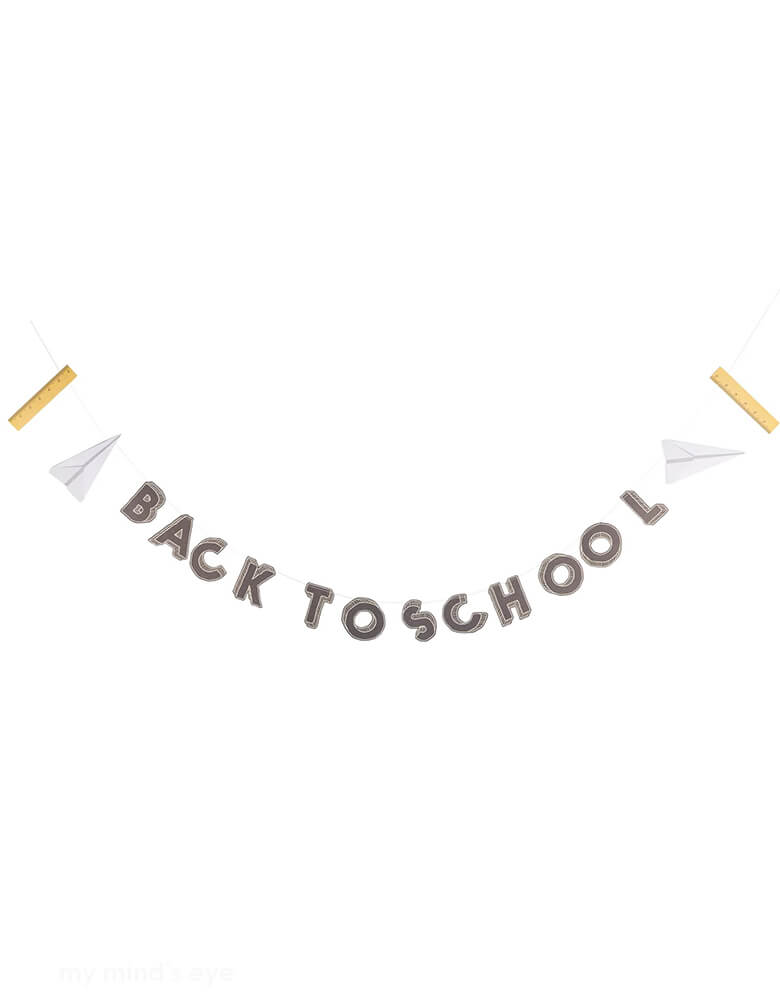 Momo Party's 5.5 ft back to school paper banner by My Mind's Eye. With the phrase"Back to School', notebook paper planes and rulers, this paper banner is perfect to set the theme and tone for your kid's back to school party or first day of school celebration.