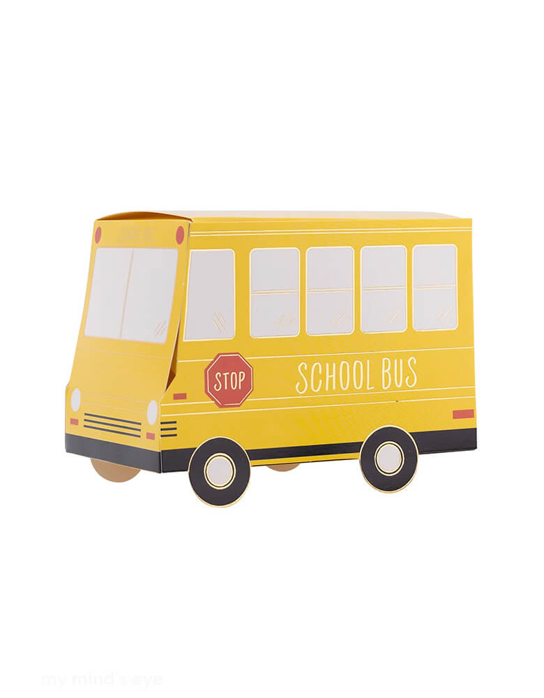 Momo Party's 4.5" x 3" x 3" School Bus Treat Boxes by My Mind's Eye. Comes in a set of 8 treat boxes, designed to look like a fun school bus, these treat boxes are perfect for any back-to-school party. Fill them with goodies and watch your guests' faces light up with joy. Don't miss out on these one-of-a-kind treat boxes!