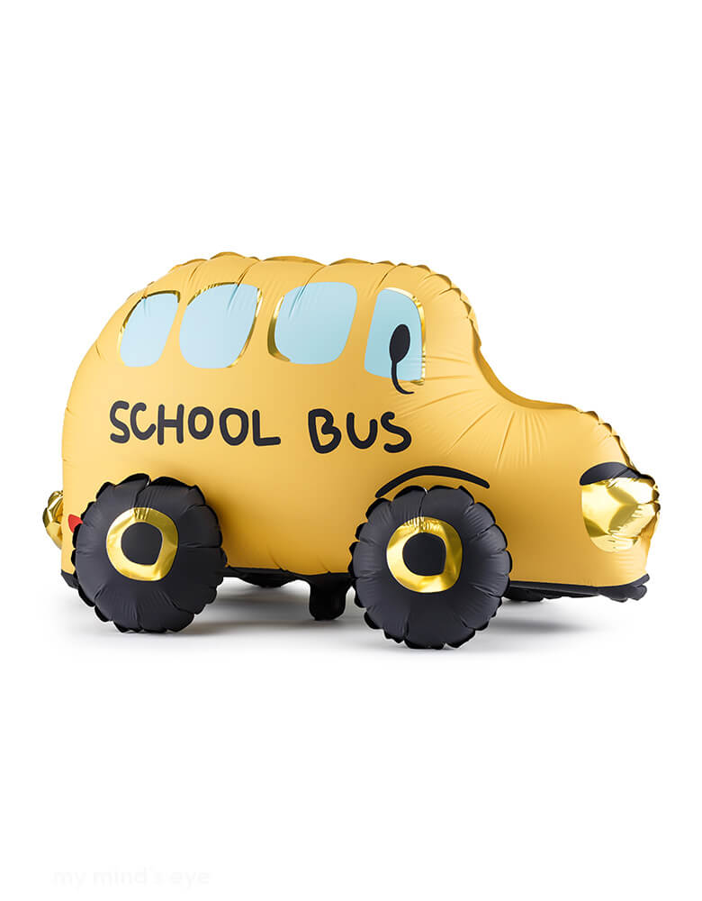 Momo Party's 14" x 26" School Bus shaped Foil Balloon by Party Deco. With "School Bus" written on the side of the balloon and gold accents, this adorable school bus shaped foil balloon in the classic yellow color is a perfect addition for kid's back to school party or first day of school celebration.