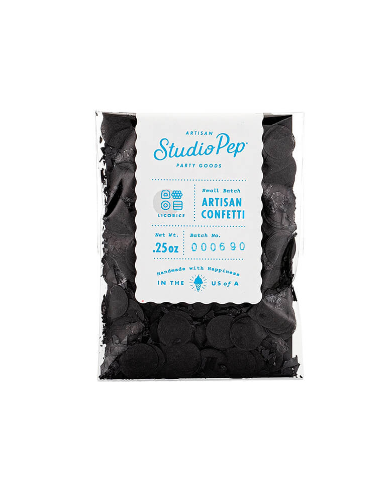 Momo Party's Licorice Black Artisan Confetti Mini Bag by Studiopep. This mini bag of black confetti is perfect for mix and match. Great for your Halloween party, graduation party or New Years countdown! Pressed from American-made premium tissue paper.