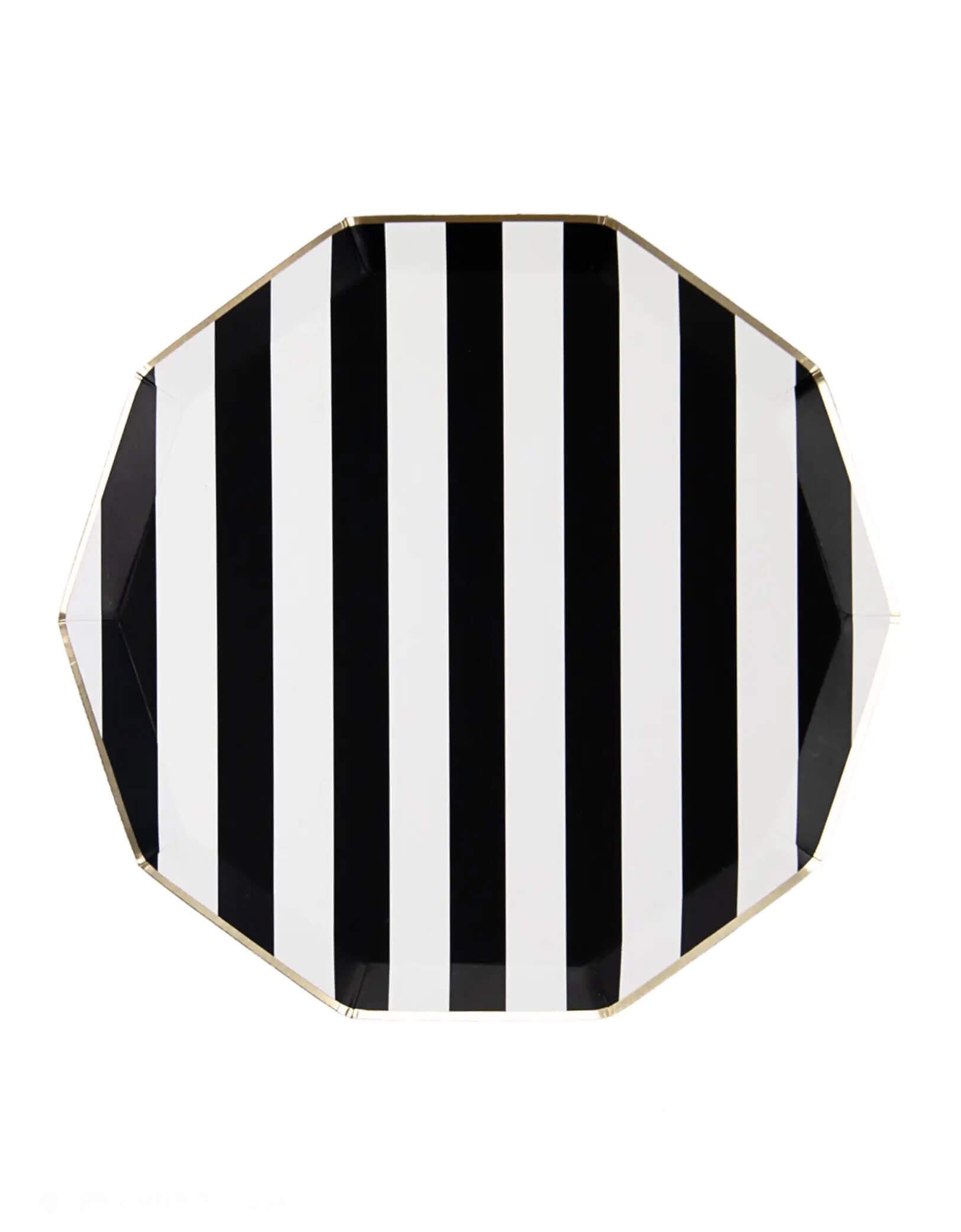 Momo Party's 10.5" Black Noir Cabana Stripe Dinner Plates. This set of 8 paper plates allows for easy mix and match options, making it perfect for any occasion.