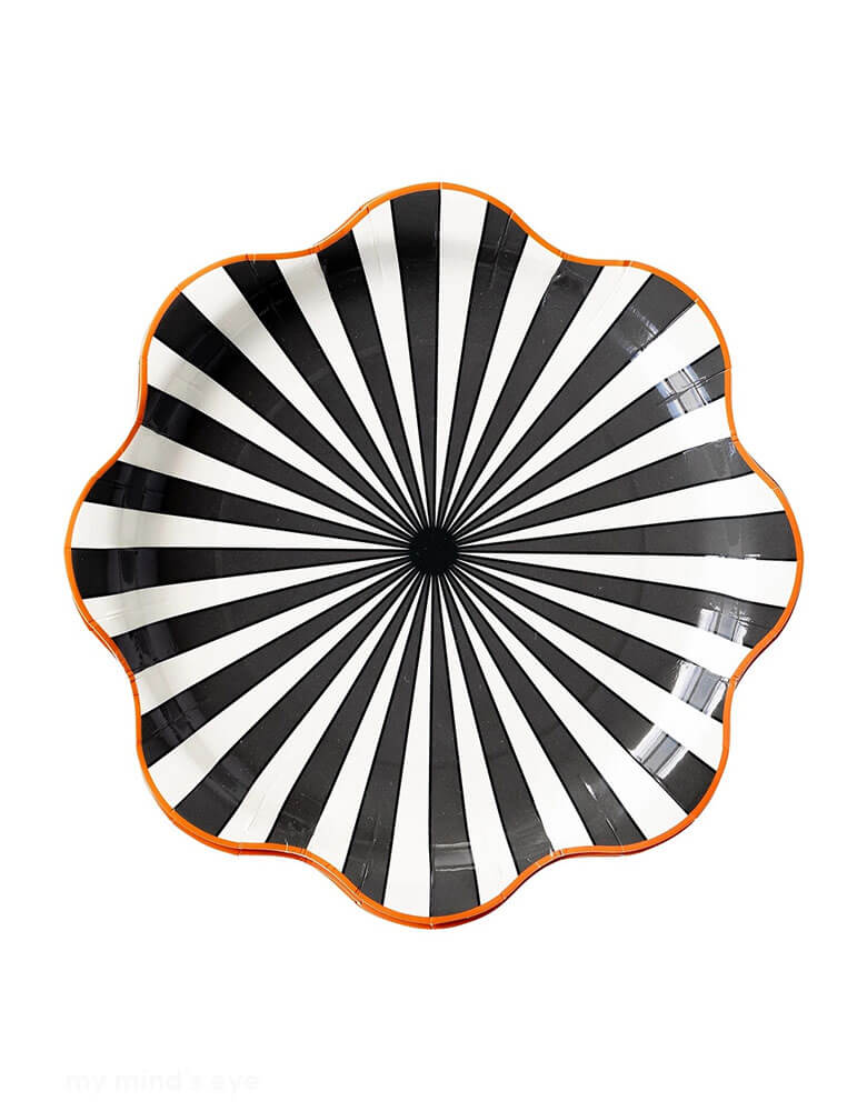 Momo Partys' 10" Starburst Wave Plates by My Mind's Eye. Get ready to add a burst of spooky style to your table with these starburst wave plates. Perfect for Halloween celebrations, this playful plate features a unique starburst wave design. Make your party setting stand out with this quirky piece.