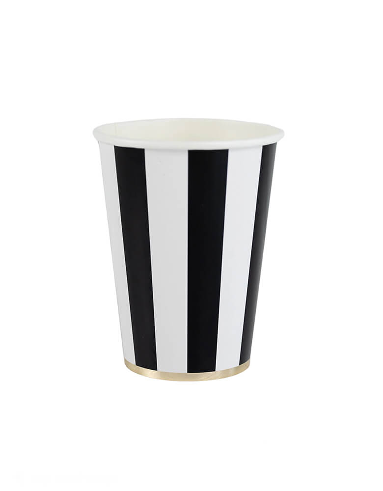 Momo Party's 12 oz Black Noir Cabana Stripe Cups by Bonjour Fete. This set of 8 paper cups allows for easy mix and match options, making it perfect for any occasion, be it a Halloween gathering, New Year's Eve countdown or a graduation party.