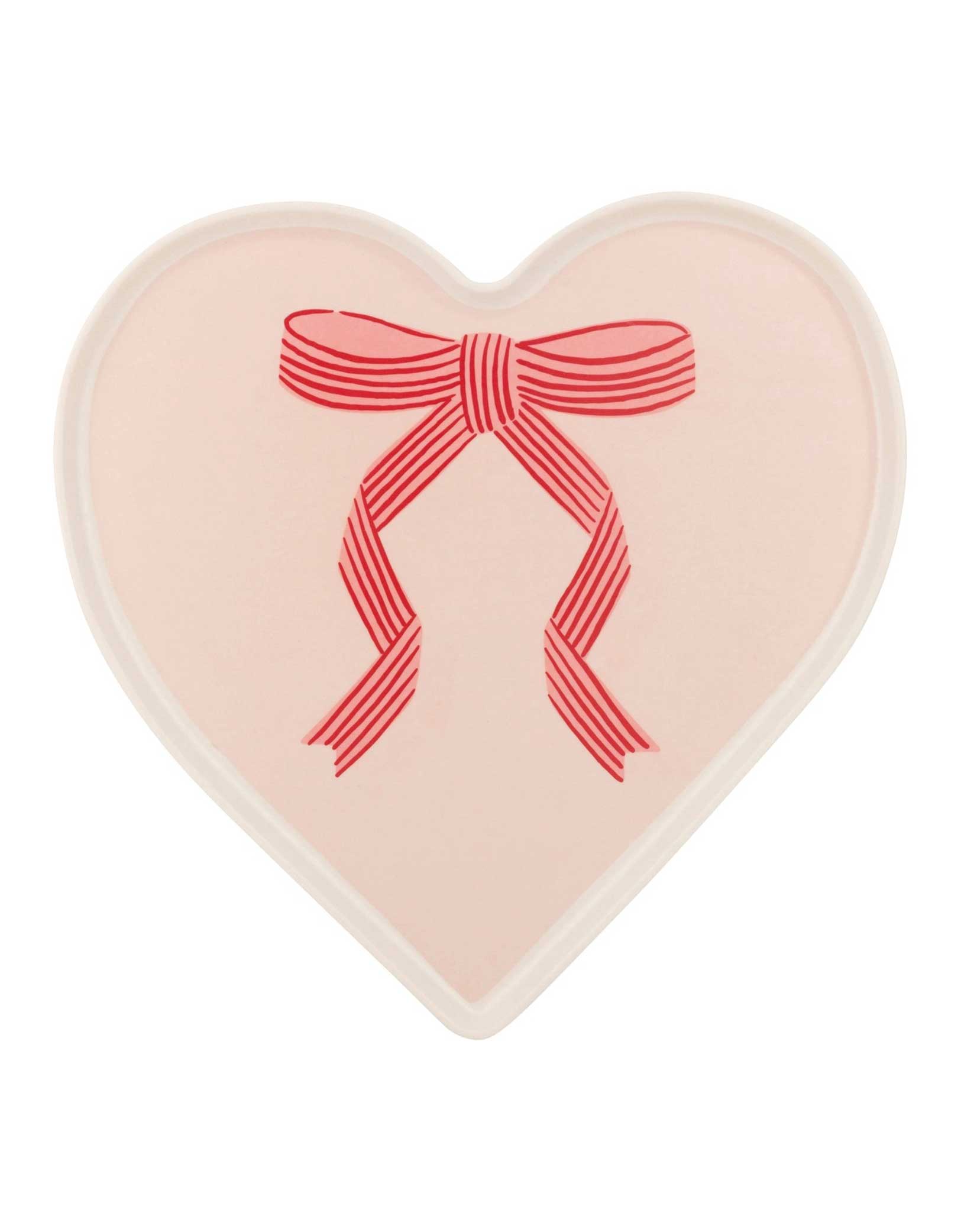 Momo Party's 15" x 15"  Bow Heart Tray by My Mind's Eye. This soft pink heart-shaped tray is perfect for your Valentine's Day festivities. Made of bamboo, it features a charming bow design. Serve your loved ones in style with this unique tray that is both functional and adorable.