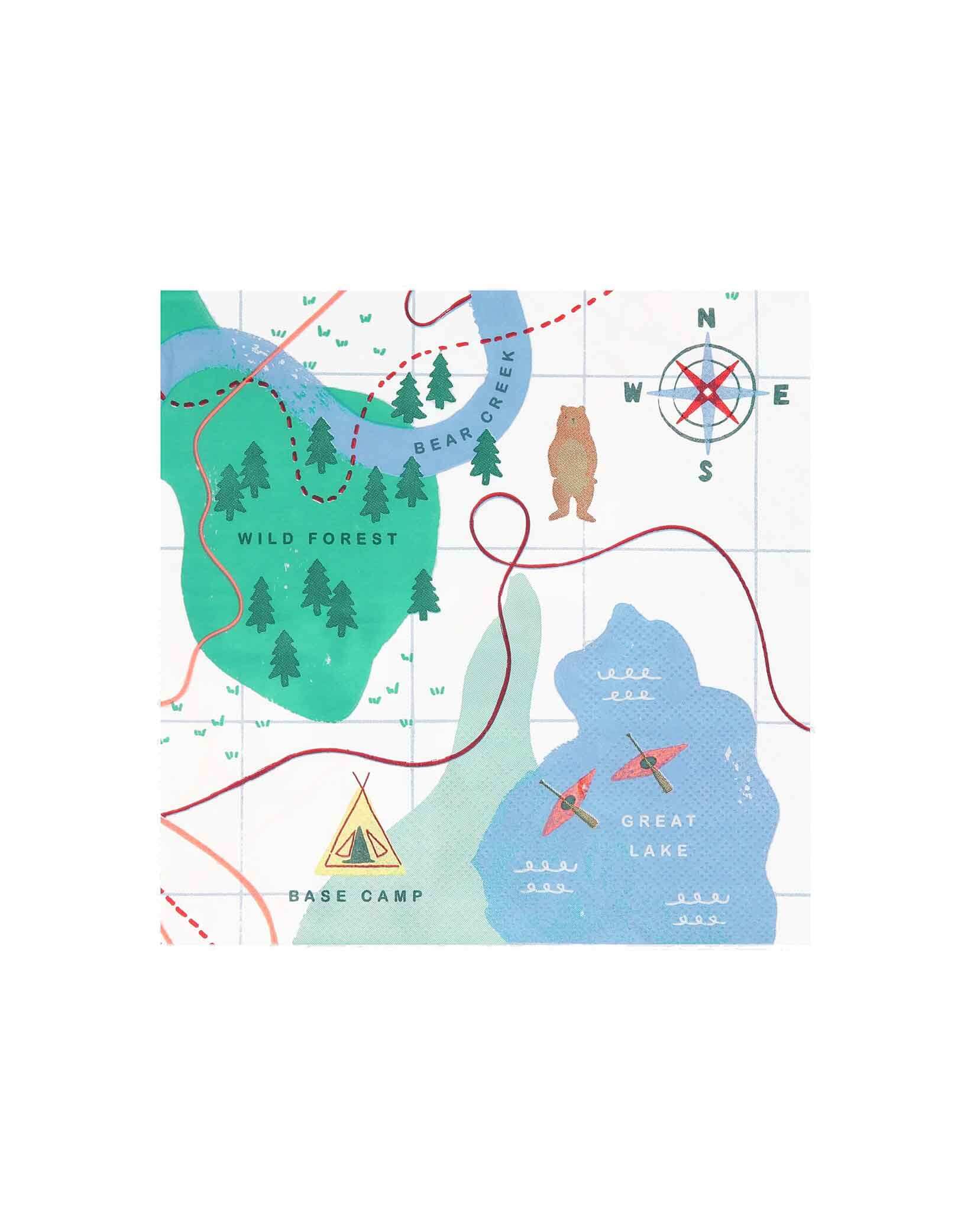 Momo Party's 6.5" Camping Adventure Map Large Napkins by Meri Meri. Comes in a set of 16 napkins, these special camping adventure napkins fold out to reveal a marvelous map! The perfect addition to any party designed to celebrate the magic of the outdoors. Use them to decorate your party table or enjoy around the campfire or picnic. Just add s'mores, stories and party games for a fun time.