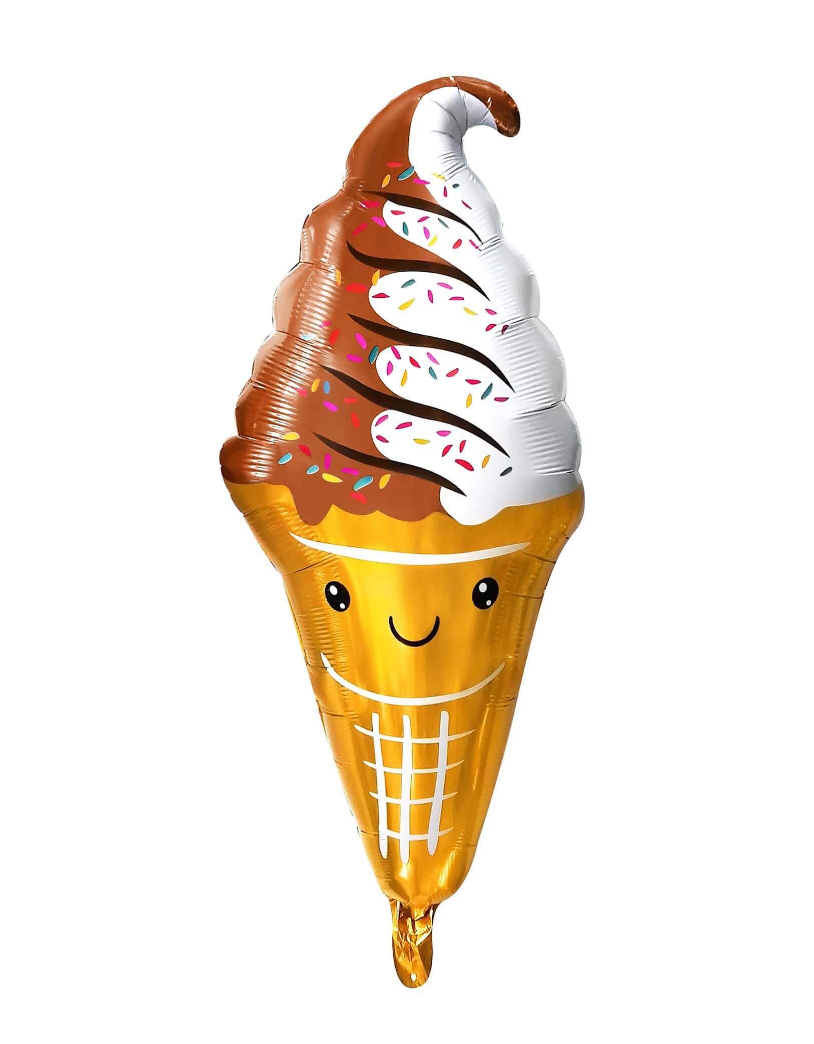 Momo Party's 32" Chocolate Ice Cream Cone Foil Balloon.  This balloon includes a self-sealing valve, preventing the gas from escaping after it's inflated. The balloon can be inflated with helium to float or with a balloon air inflator.