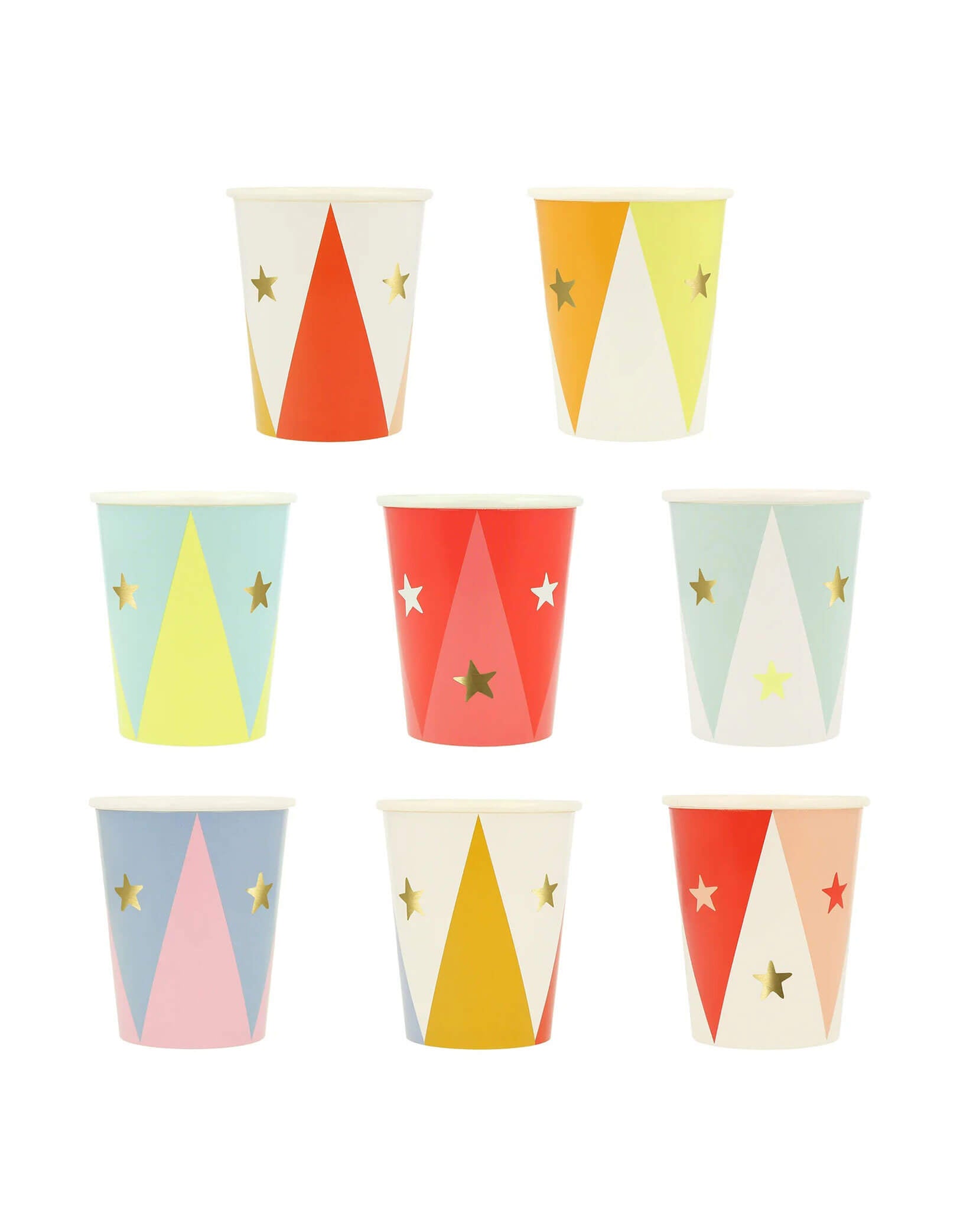 Momo Party's 9oz circus party cups by Meri Meri. Comes in a set of 8 paper cups in 8 different colors with gold foil star designs, these circus carnival inspired party cups are perfect for your child's circus themed birthday celebration.