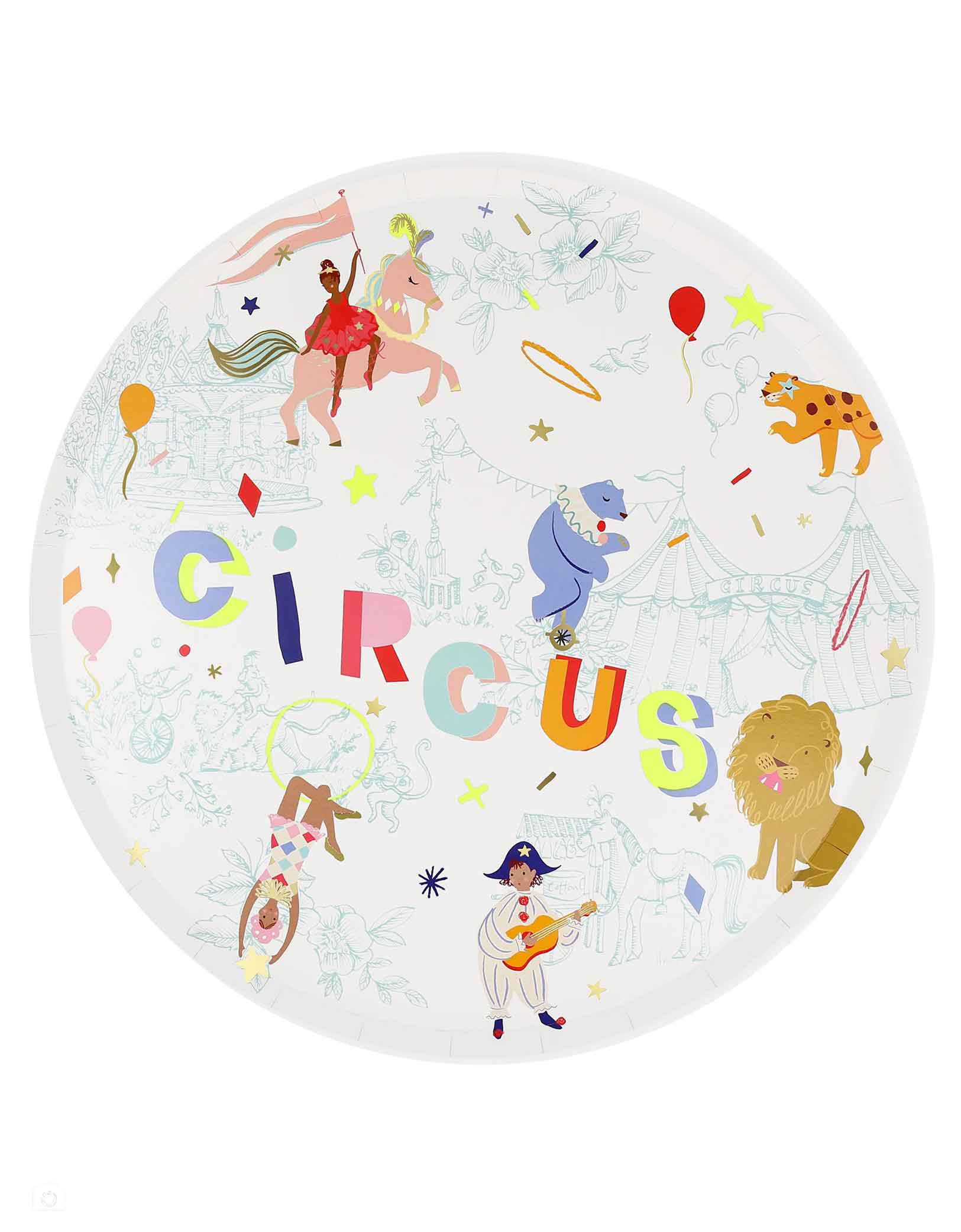 Momo Party's 10.5" Circus Dinner Plates by Meri Meri. Comes in a set of 8 plates, these very special paper dinner plates incorporate a traditional toile circus pattern overlaid with fun graphics and illustrations, making them a fresh, contemporary take on a classic circus theme. Guaranteed to delight your guests.