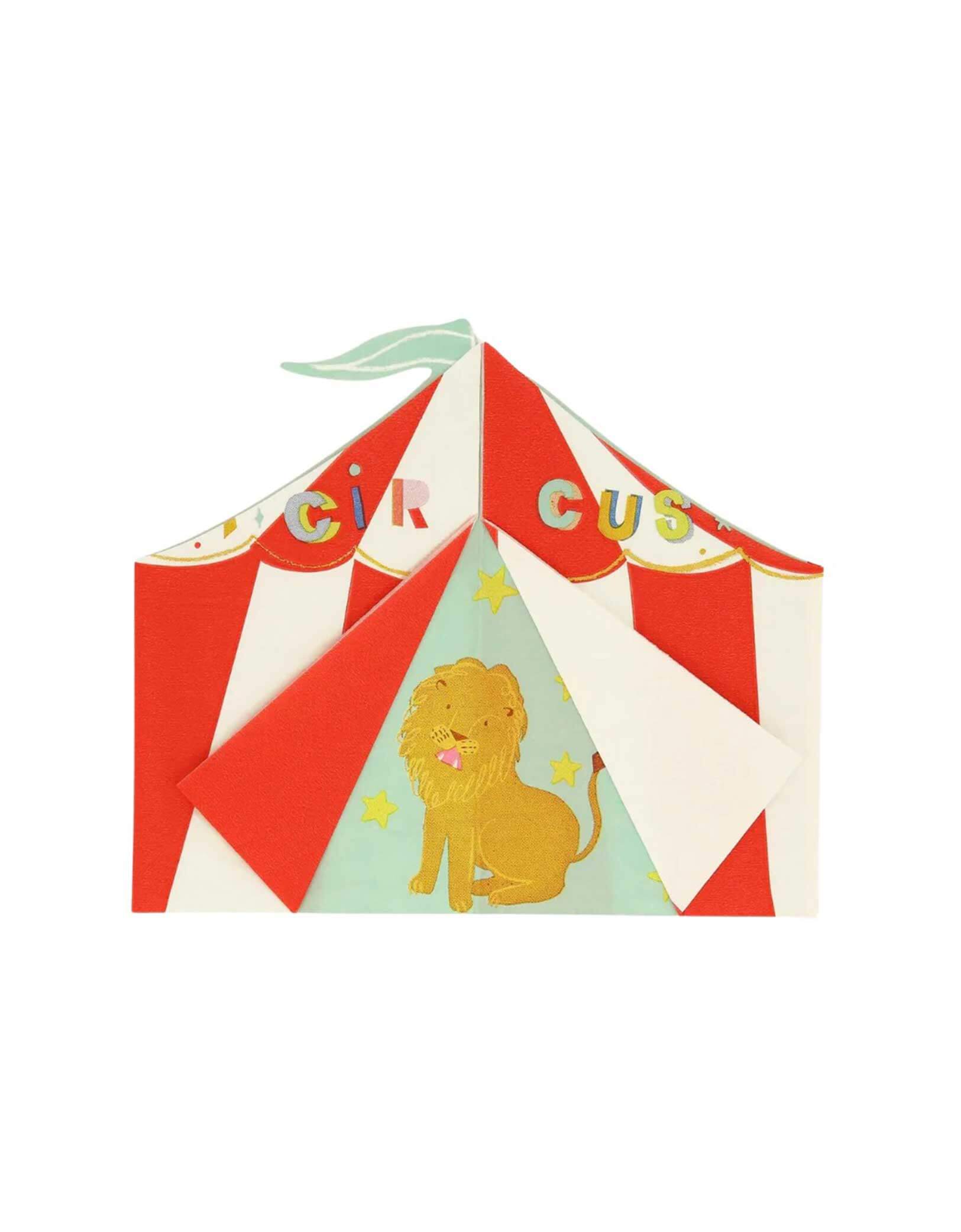 Momo Party's 7.125" x 6.375" Circus Big Top Shaped Napkins by Meri Meri. Featuring the classic red striped circus tent with its doors open to reveal a magnificent lion, this set of napkins are fun and playful, perfect for your kid's circus carnival themed party.