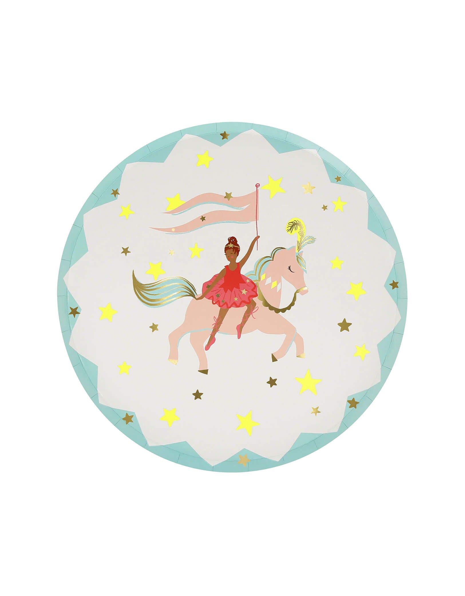 Momo Party's 8.5" x 8.5" Circus Side Plate by Meri Meri. Comes in a set of 8 paper plates in 8 different colors and designs of different circus characters, these festive side plates with fun graphics and illustrations, in joyous colors with harlequins and on-trend stripes, give a fresh contemporary take on a classic theme. Perfect for kid's circus, carnival themed birthday celebration, especially a "Come one come all" first birthday celebration.