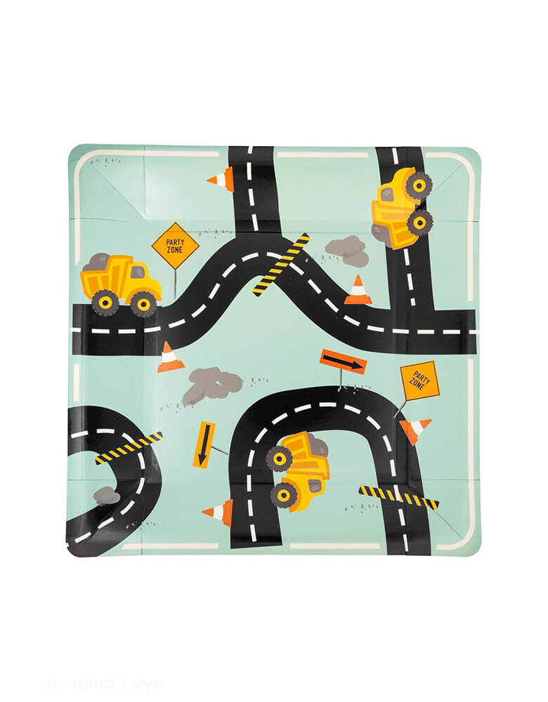 Momo Party's 9" Construction Road Plates by My Mind's Eye. Comes in a set of 8 plates, these plates with adorable illustrations of roads, construction trucks and construction cones are prefect for preschoolers or toddlers construction themed birthday parties!