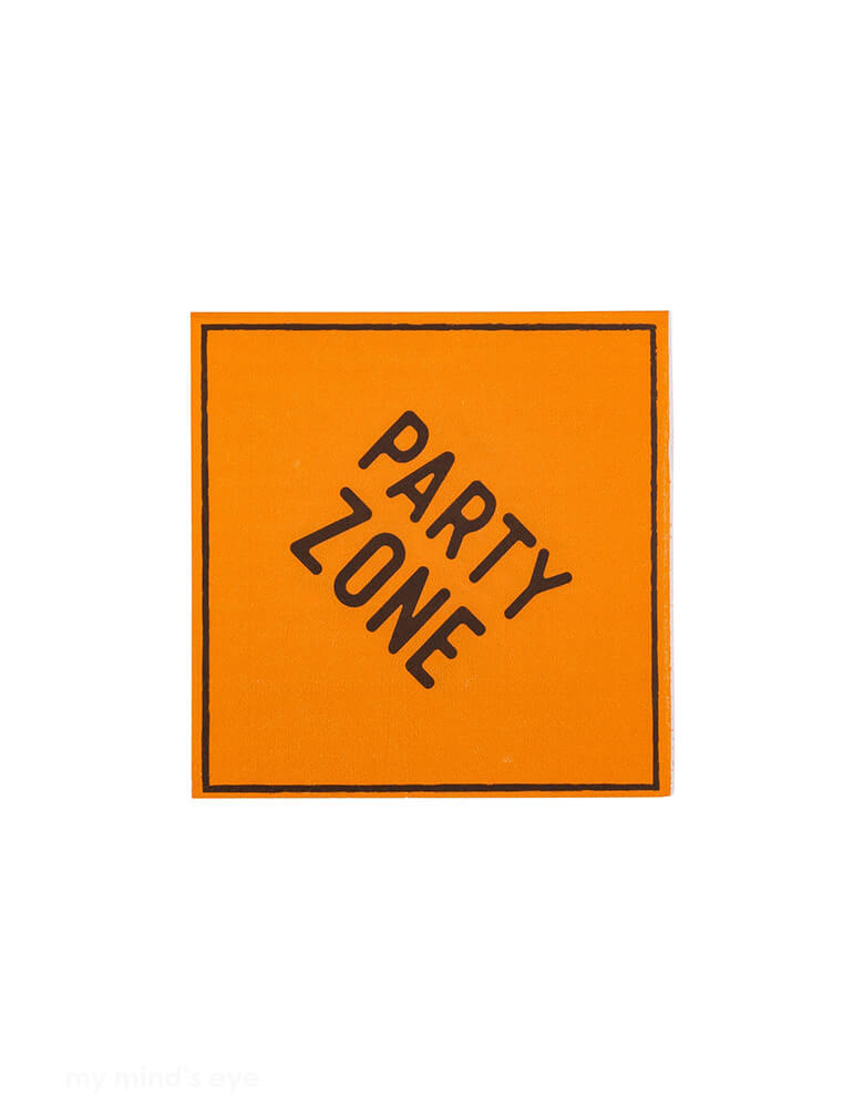 Momo Party's 7" x 7" Construction Sign Small Napkins by My Mind's Eye. Comes in a set of 24 napkins in classic construction color of orange with "party zone" written on them, they are perfect for a preschooler or toddler boy's construction themed birthday parties!