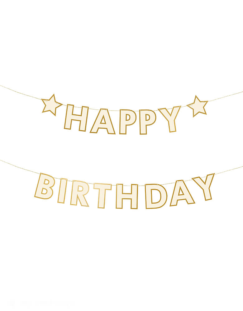 Momo Party's 10ft Cream Happy Birthday Banner by Party Deco. Celebrate any birthday in style with this Cream Happy Birthday Banner! This basic yet sweet banner features simple star designs with gold accent for a fun and festive touch to any happy birthday party!