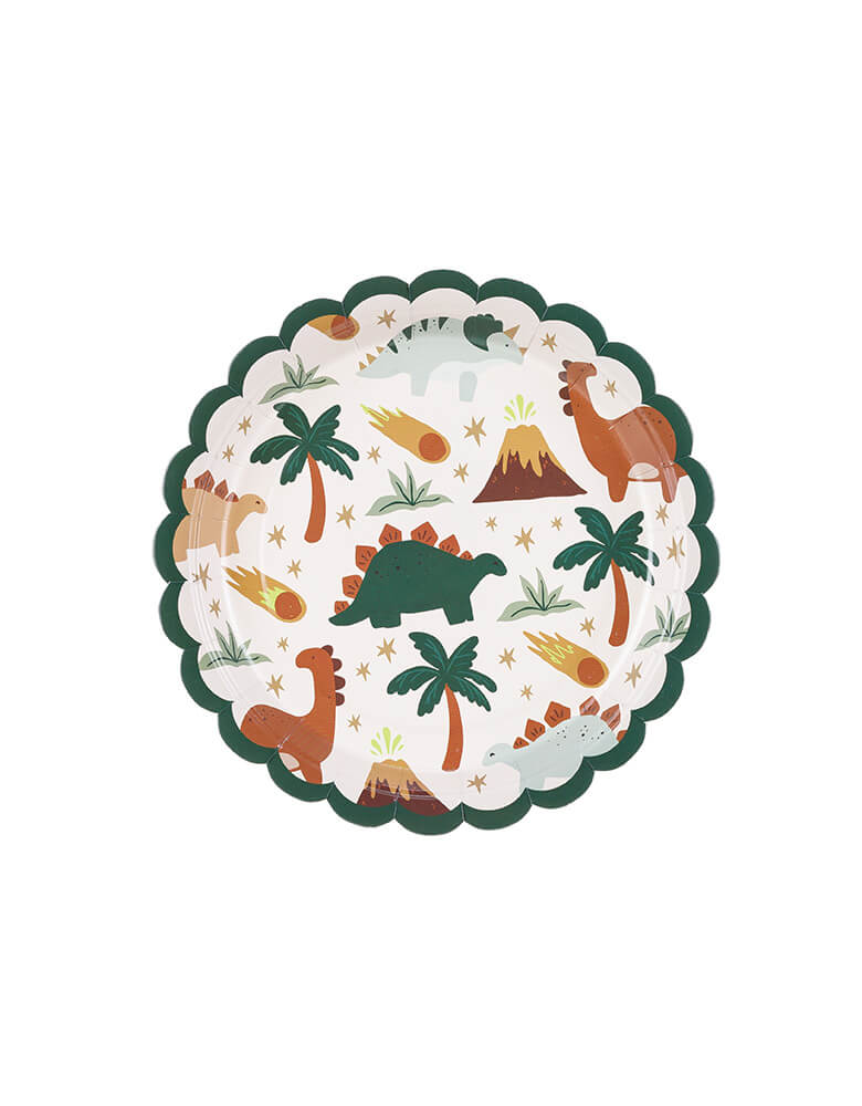 Momo Party's 7" Dinosaur Party Plates by Party Deco. With cute dinosaur themed illustrations including dinosaurs, vocanos, palm trees, meteors, these scalloped party plates are perfect for your kid's dinosaur themed birthday celebration.