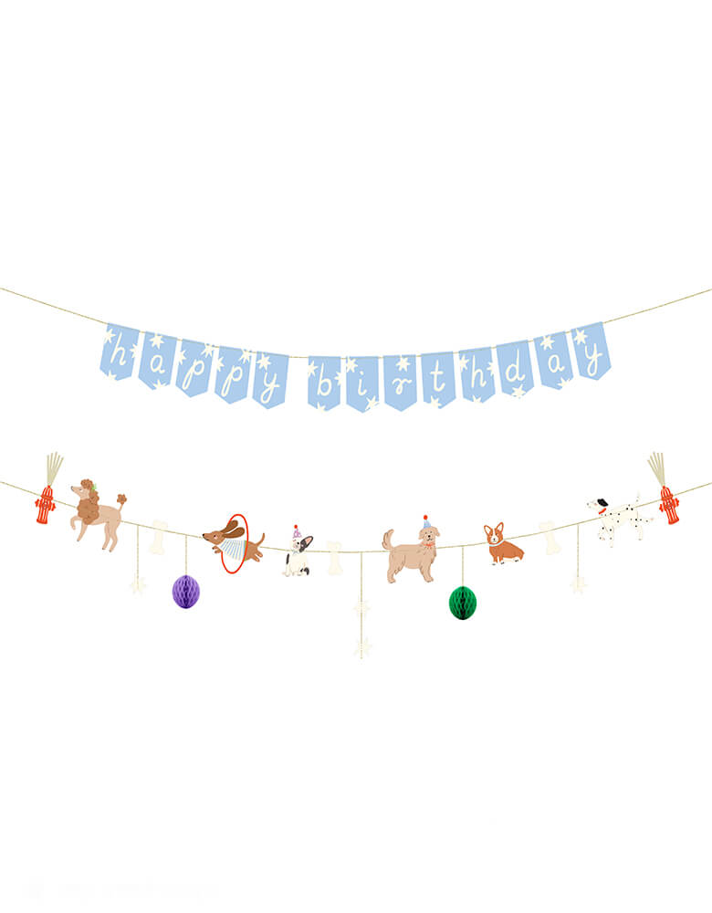 Momo Party's 82.6" Dog Birthday Party Banner Set by Party Deco. Celebrate their special day with adorable dog-themed decorations including cute puppies and honeycomb accents. It's the ultimate party for your pup or your dog loving birthday person!