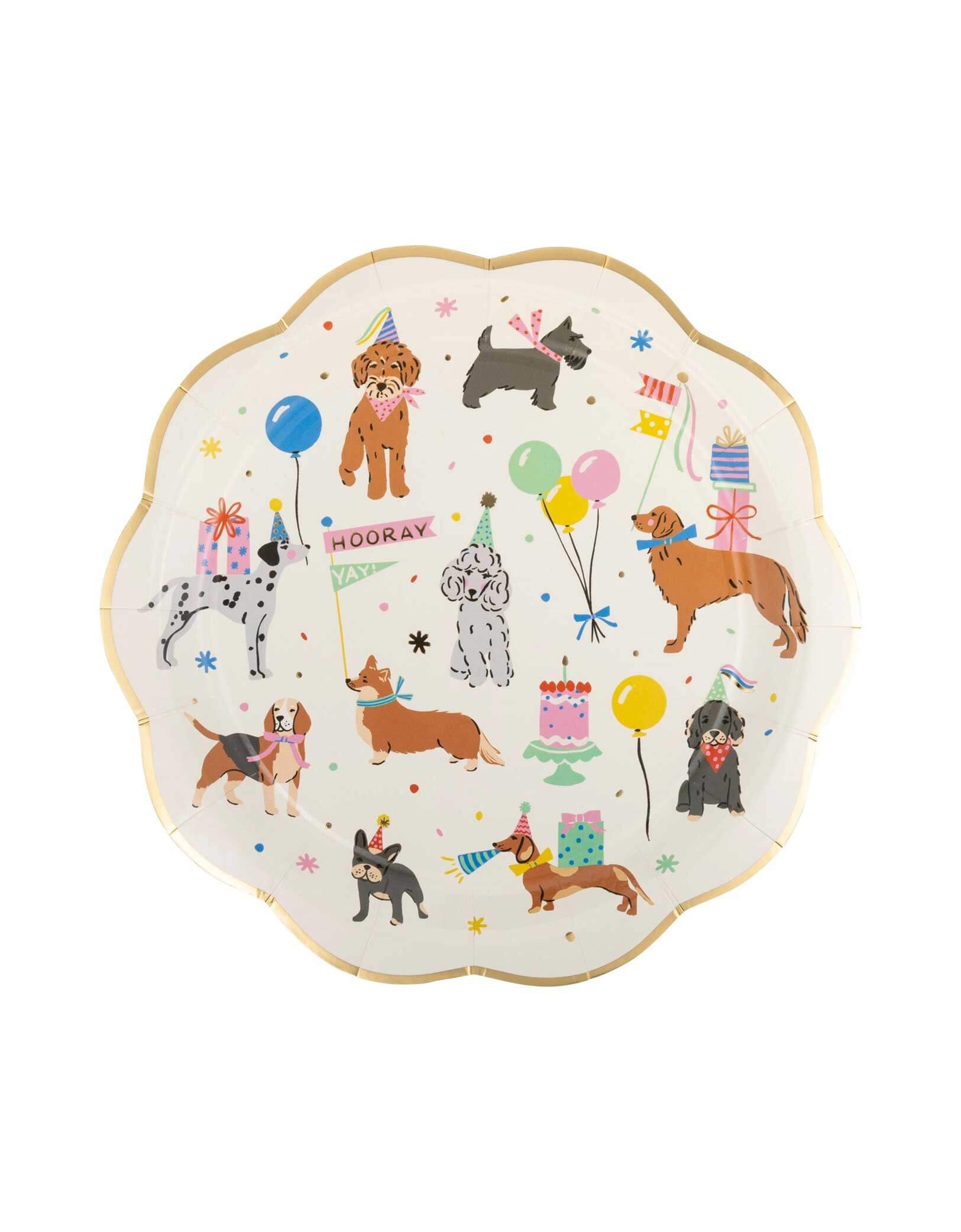 Momo Party's 9" Dog Party Plates by My Mind's Eye. Featuring adorable illustrations of different breeds of dogs with party hats, balloons and birthday cakes, these playful dog paper plates are perfect for any pet themed celebration.