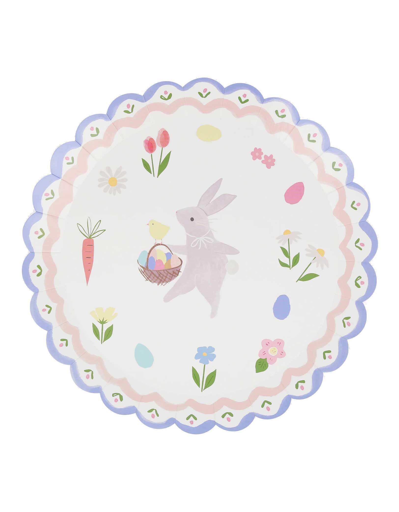 Momo Party's 10.5" x 10.5" Easter Bunny Dinner Plates by Meri Meri. Comes in a set of 8 paper plates, these charming Easter paper plates, featuring a mix of pretty pastels and an adorable pale grey Easter Bunny, will look perfect on the Easter dinner table. The scalloped edge adds extra detail for a statement look.