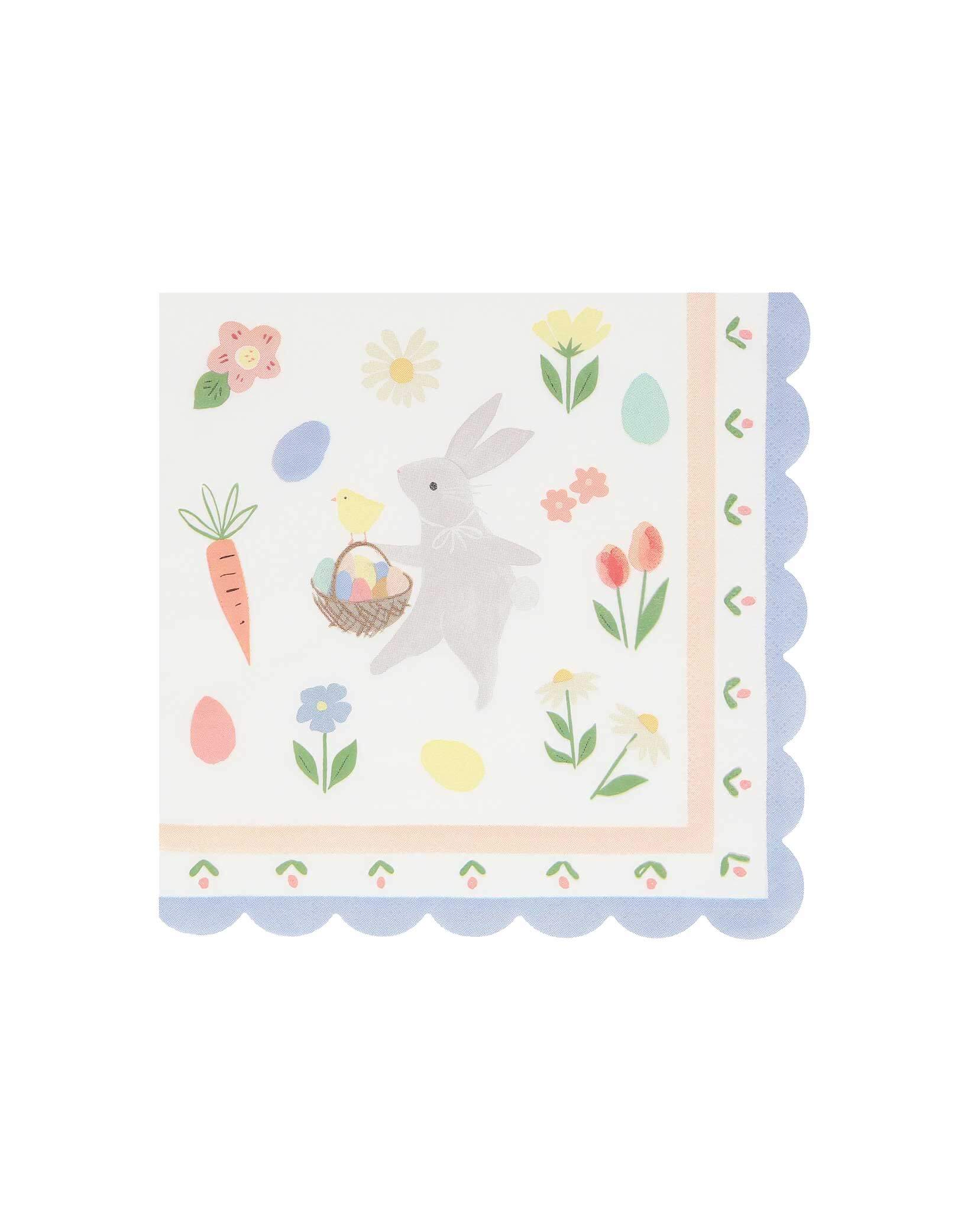 Momo Party's 6.5" Easter Bunny Large Napkins by Meri Meri. These charming Easter napkins, featuring a mix of pretty pastels and an adorable pale grey Easter Bunny, will look just perfect on the Easter dinner table. The scalloped edge adds extra detail and style for a stylish spring table.