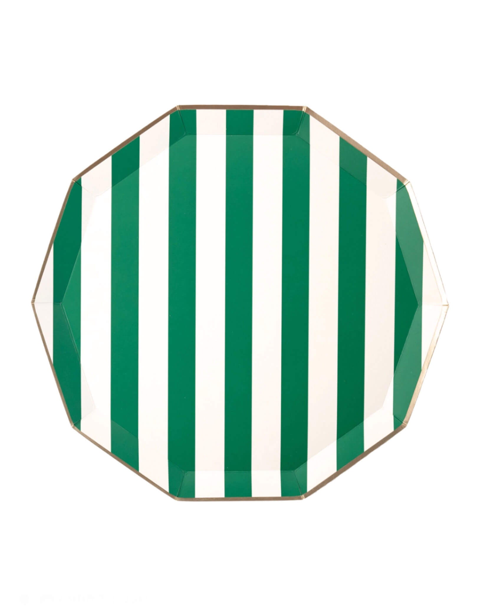 Momo Party's 10.5" Emerald Green Cabana Stripe Dinner Plates. Add a touch of elegance and style to your dinner table with these Emerald Green Cabana Stripe Party paper plates. This set of 8 paper plates allows for easy mix and match options, making it perfect for any occasion. These dinner plates are great for a football, dinosaur, jungle, safari themed birthday or a Super Bowl celebration.