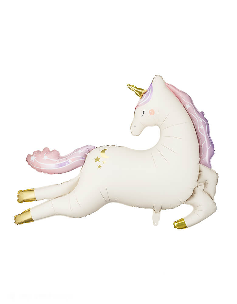 Momo Party's 44.5" x 32.7" Enchanting Unicorn Foil Mylar Balloon by Party Deco. Add a magical touch to your little girl's birthday party with this dreamy unicorn shaped foil balloon. This balloon includes a self-sealing valve, preventing the gas from escaping after it's inflated. The balloon can be inflated with helium to float or with a balloon air inflator.