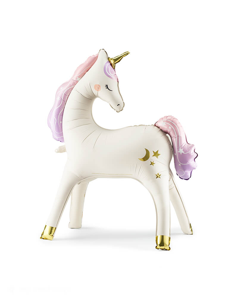 Momo Party's 37.5" x 34" Unicorn Standing Foil Balloon by Party Deco. This whimsical and playful balloon features a beautiful unicorn design with gold foil accents that will make your party a hit. Bring the magic to life with this must-have party decoration!