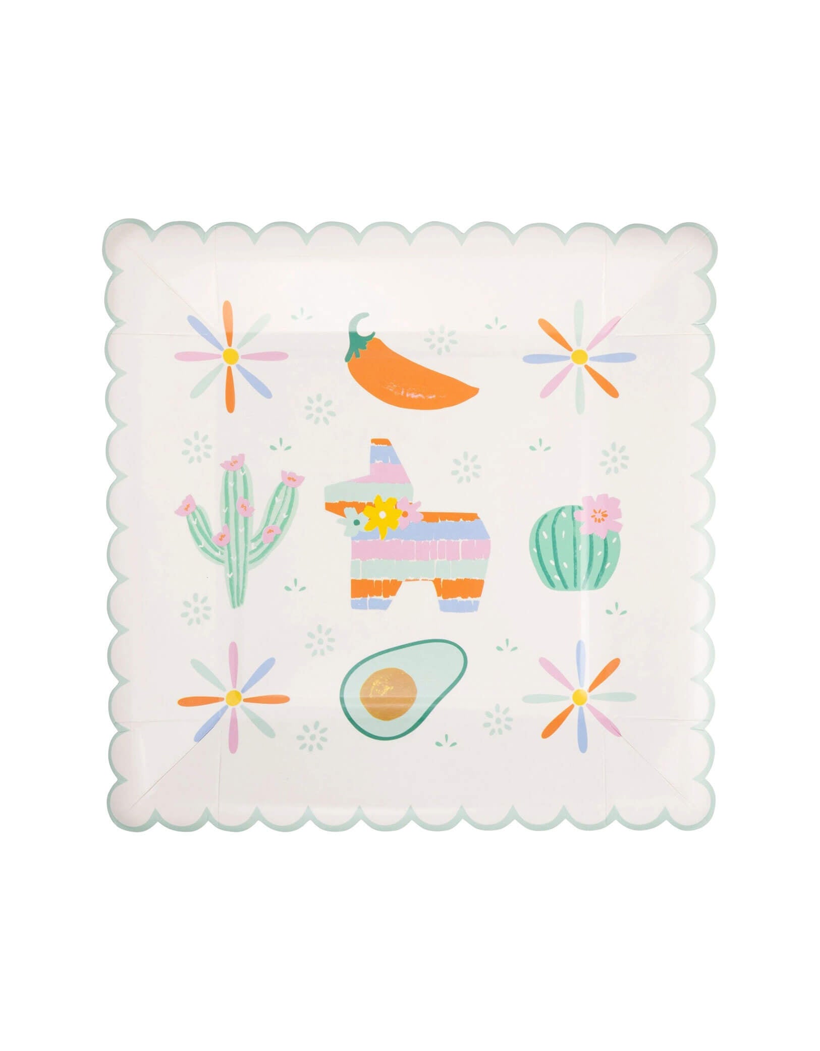 Momo Party's 8" x 8" Fiesta Icons Plates by My Mind's Eye. Comes in a set of 8 plates, made of durable paper, this 8" plate features fun fiesta icons that will bring a smile to everyone's face. So go ahead, fiesta like there's no mañana with these playful paper plates!