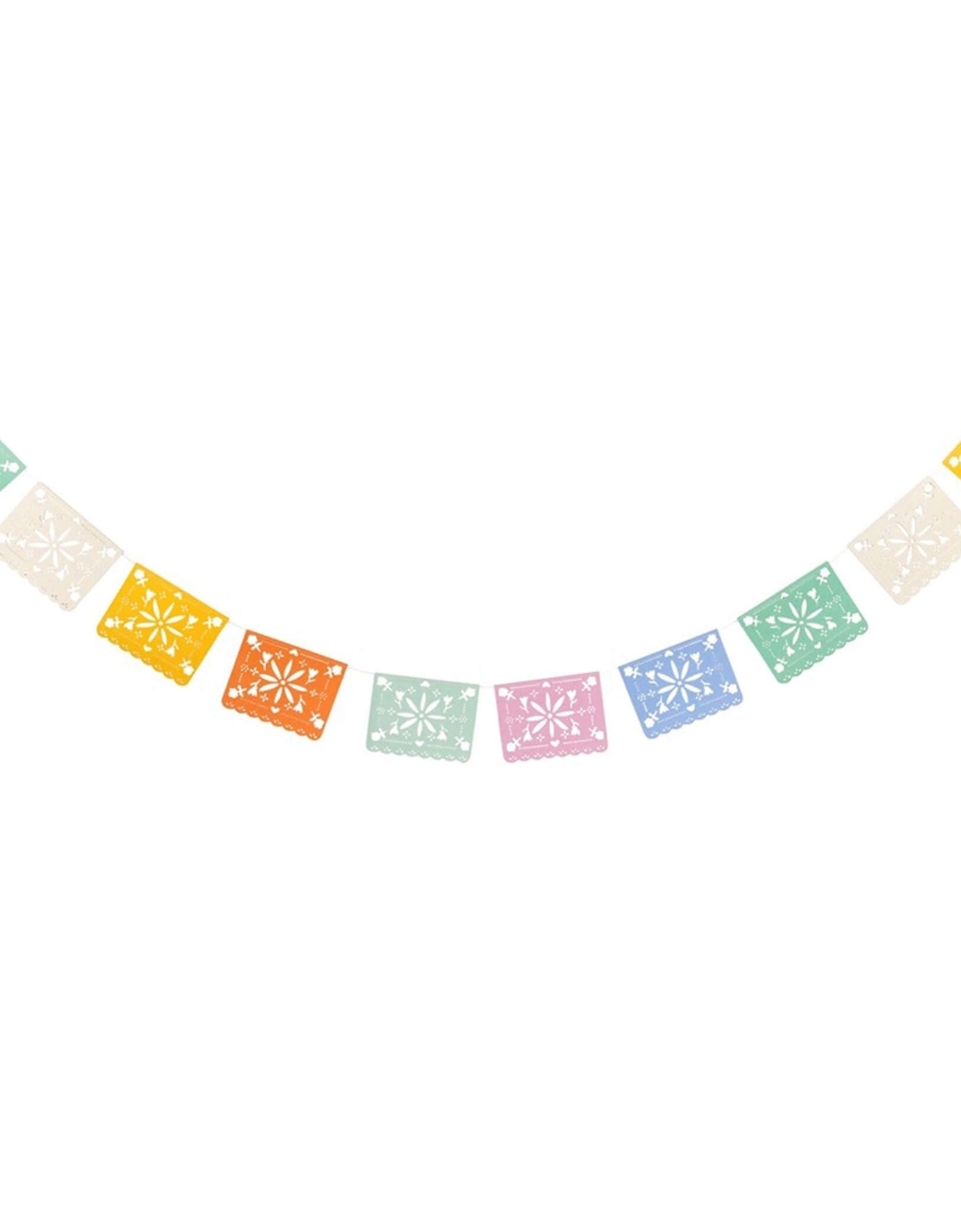 Momo Party's 10' Fiesta Papel Picado Banner by My Mind's Eye. Featuring 12 rainbow colored paper pennants, add a pop of color and festive flair to your next celebration with this Fiesta Papel Picado Banner! Hang this vibrant banner to liven up any party or event. Sure to be a hit with guests, this banner is perfect for those who want to add some fun to their fiesta.