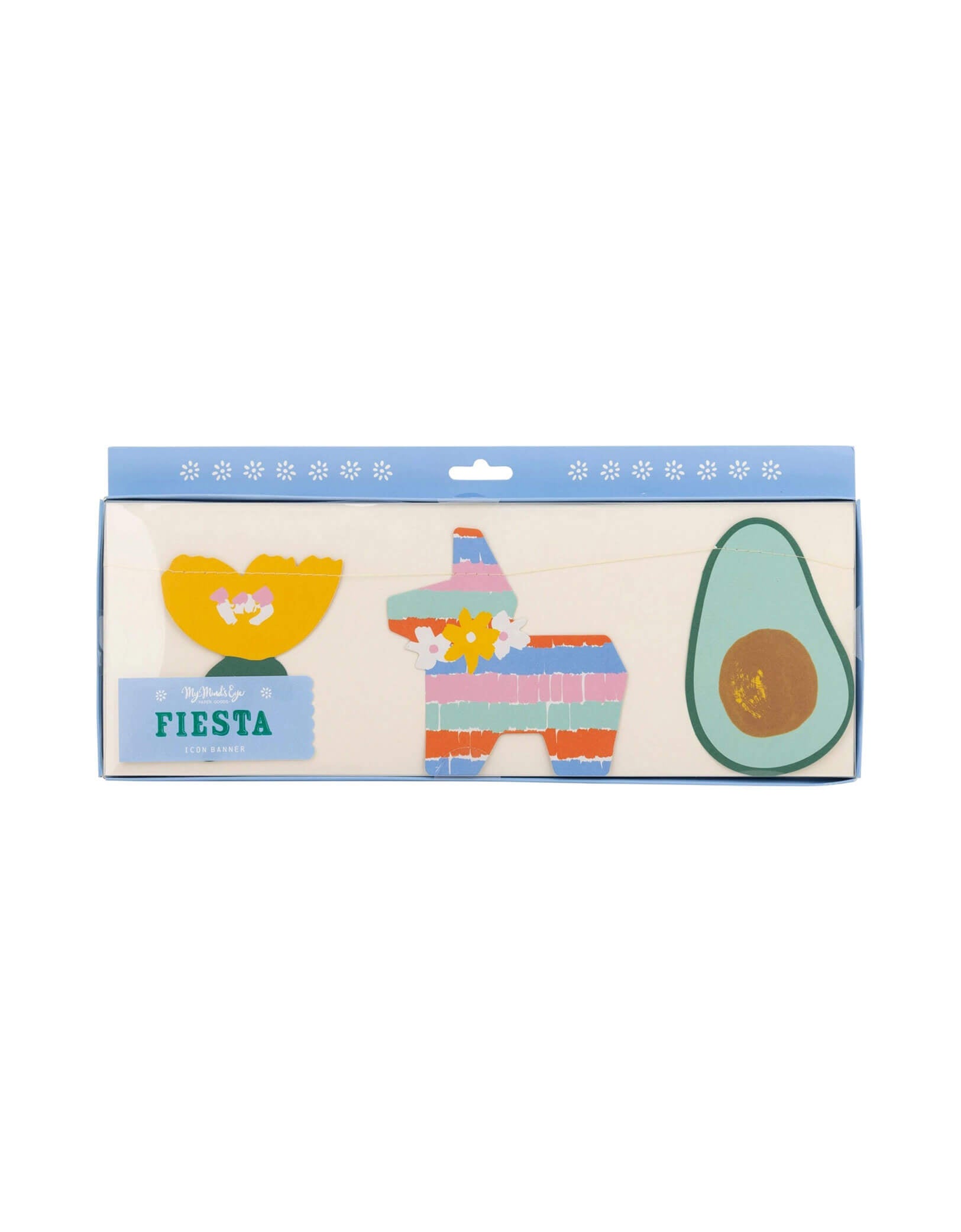 Momo Party's 5' Fiesta Icon Banner by My Mind's Eye in its package. Featuring vibrant fiesta icons, including flowers, pinatas, sombrero hats, avocados and peppers, this banner will liven up any celebration with its playful and quirky design. Get ready to fiesta like there's no mañana!