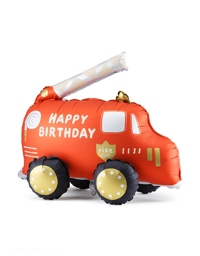 Momo Party's 26" x 20" Fire Truck Birthday Foil Balloon by Party Deco. Accent your little one's fire truck themed birthday party, firefighter birthday party with this cute fire truck happy birthday shaped foil mylar balloon. This balloon includes a self-sealing valve, preventing the gas from escaping after it's inflated. The balloon can be inflated with helium to float or with a balloon air inflator.