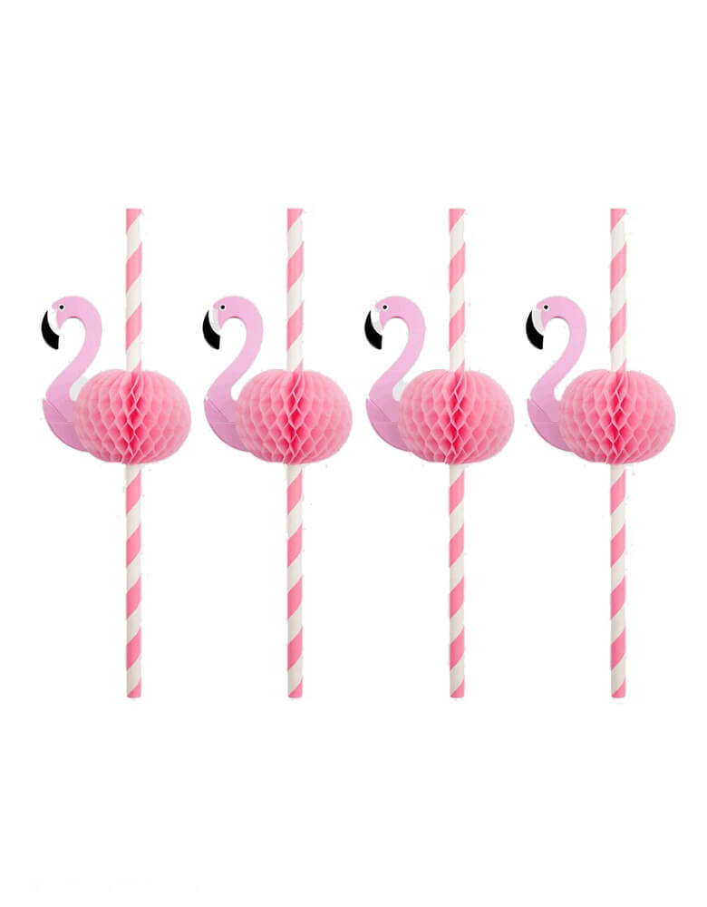 Momo Party's flamingo honeycomb pink striped paper straws. Dress up your drinks and sip in style with these fun flamingo honeycomb straws. They're perfect for a pool party or a tropical themed celebration in summer.