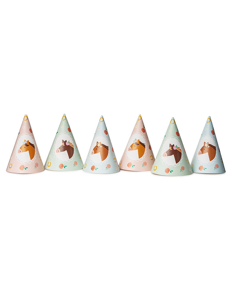 Momo Party's 6.3" Pony Birthday Party Hats by Party Deco. Comes in a set of 6 party hats in 3 different colors and designs, these charming birthday hats with adorable pony and floral designs in soft pastel colors of pink, green and blue are perfect additions to your kid's pony or horse themed birthday parties!