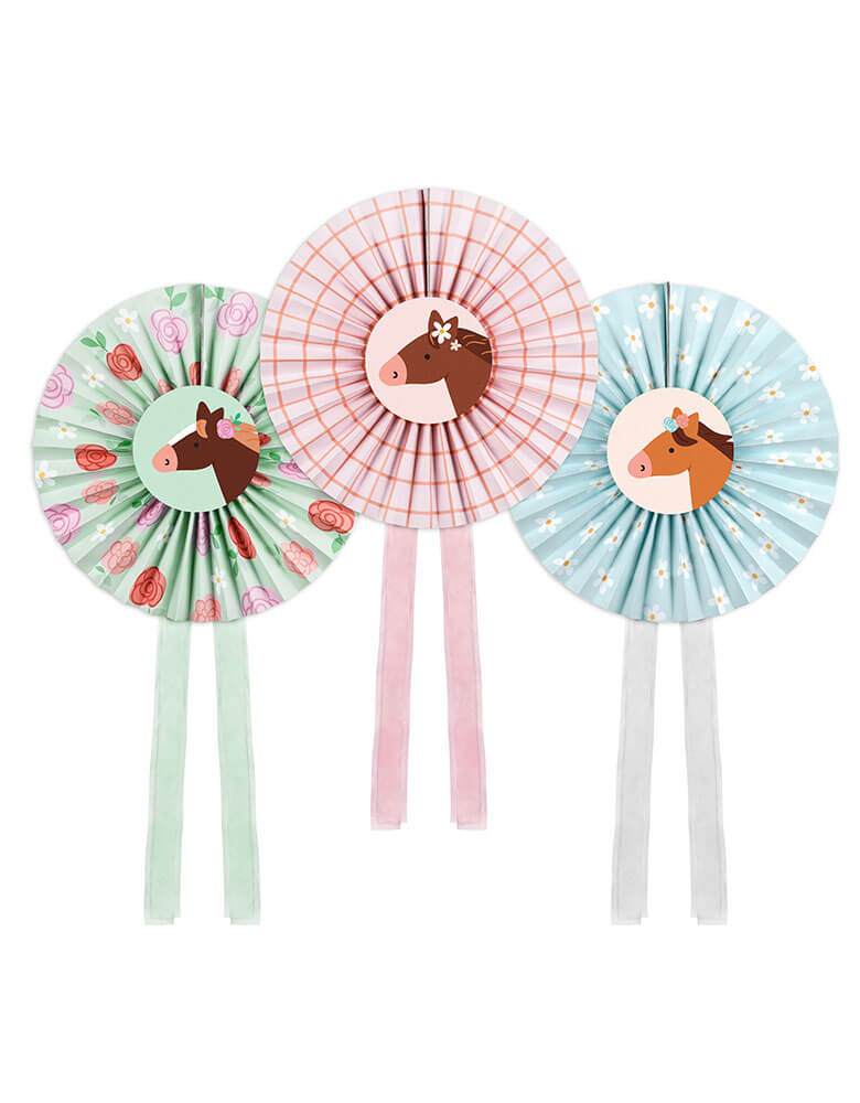 Momo Party's Floral Pony Party Paper Fans by Party Deco. Comes in a set of 3 in 3 different colors and designs, these party fans feature charming floral designs and adorable pastel ponies. Perfect for adding a playful touch to any celebration, these fans make for a unique and fun decoration.