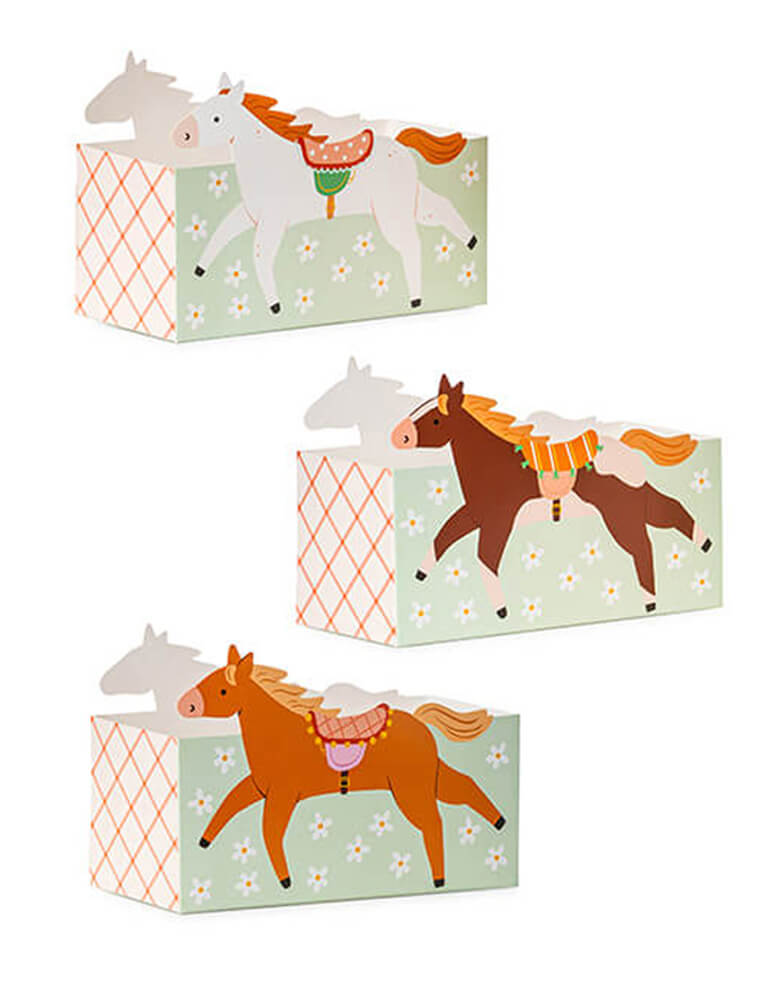 Momo Party's 6.7" x 4.3" x 2.95" floral pony treat boxes by Party Deco. Comes in a set of 3 treat boxes in 3 different designs, these snack boxes features adorable ponies and floral designs, they are perfect for storing all your favorite goodies at your kid's horse or pony themed birthday paryt!