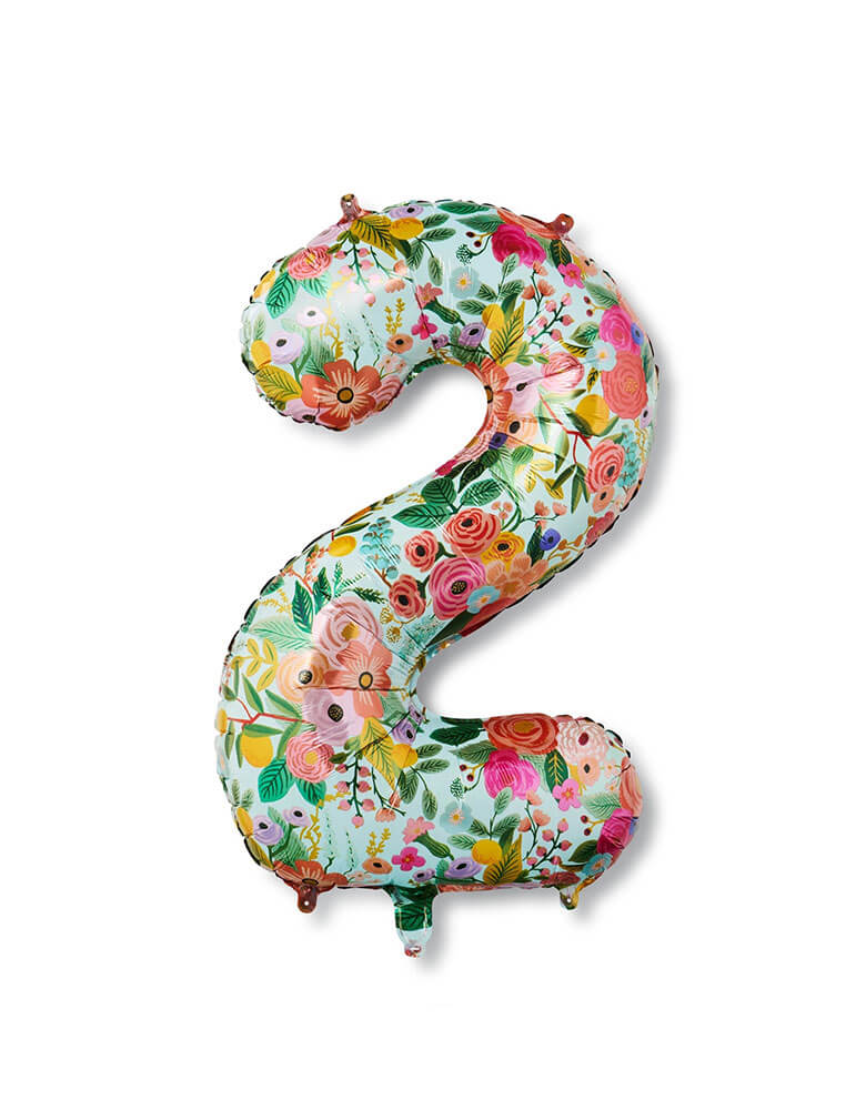 Momo Party's 40" garden party number foil balloon number 2 by Rifle Paper Co. With the classic design from Rifle Paper Co., this foil balloon is perfect for a garden themed birthday celebration for little girls.