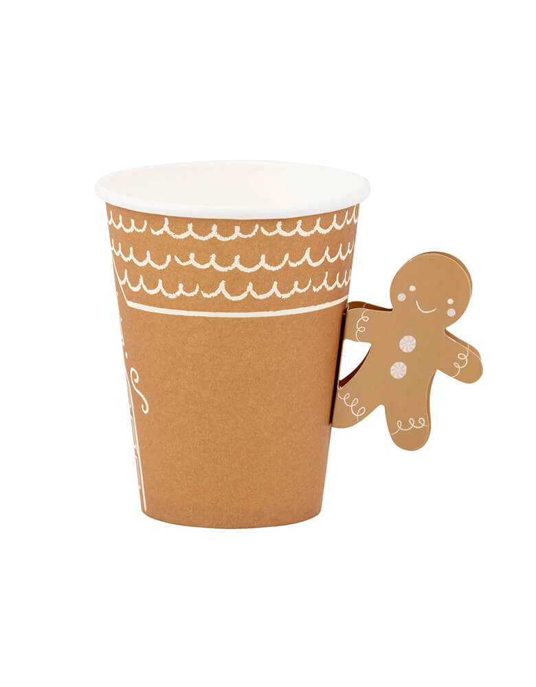 Momo Party's 12 oz Gingerbread Handled Paper Cup by My Mind's Eye. Made with a festive gingerbread man handle, this cup brings a fun twist to your drinks. Perfect for any gingerbread-themed Holiday party, spread the joy with this whimsical addition.