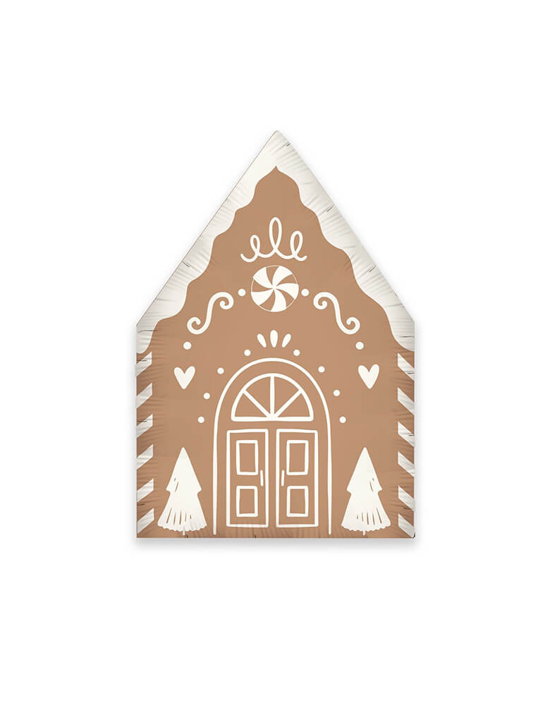 Momo Party's 13.5" x 20" Gingerbread House Shaped Foil Balloon by My Mind's Eye. This festive mylar balloon is sure to bring a playful touch to your Holiday celebrations. Add this unique touch to your decorations and bring smiles to everyone's faces!