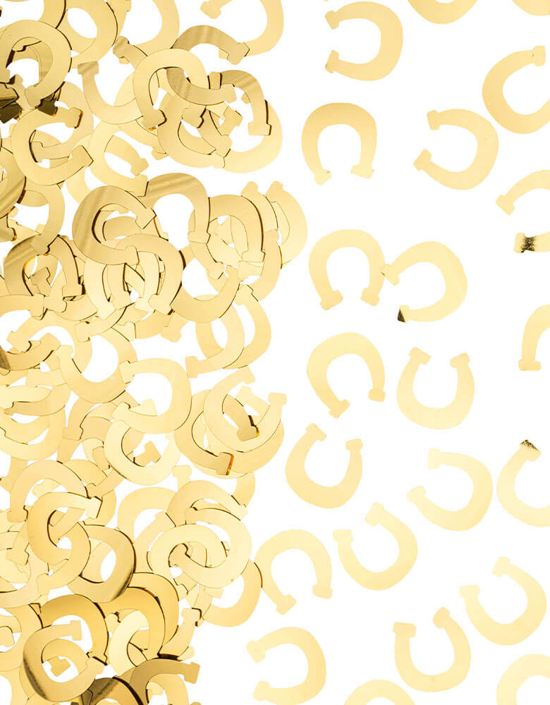 Momo Party gold Horseshoe Confetti by Party Deco. Featuring a fun horseshoe design, this western-themed confetti will add a touch of gold to your celebrations. Perfect for a rodeo, western or a cowboy/cowgirl themed party!