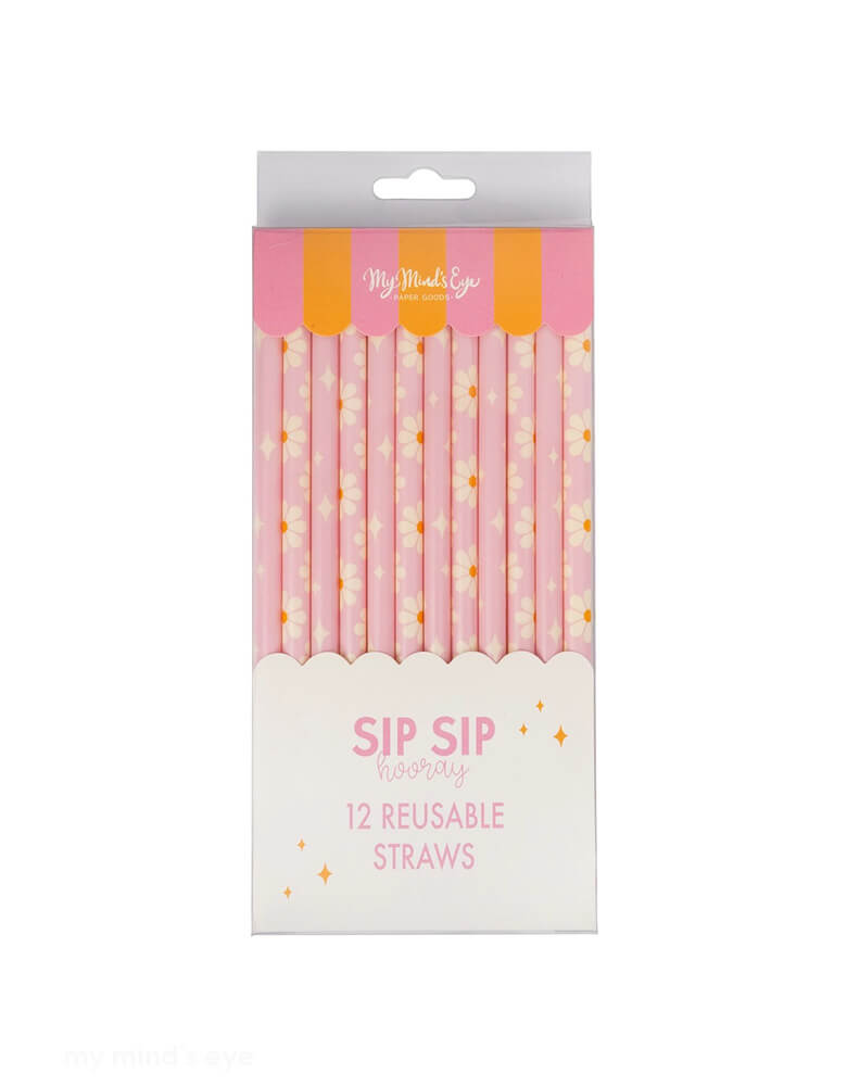 Momo Party's Disco Daisy Reusable Straws by My Mind's Eye. Comes in a set of 12 straws in daisy motif in pink, These daisy disco straws are not only reusable, but they also add a fun and unique touch to any drink. So sip in style while also helping the environment.