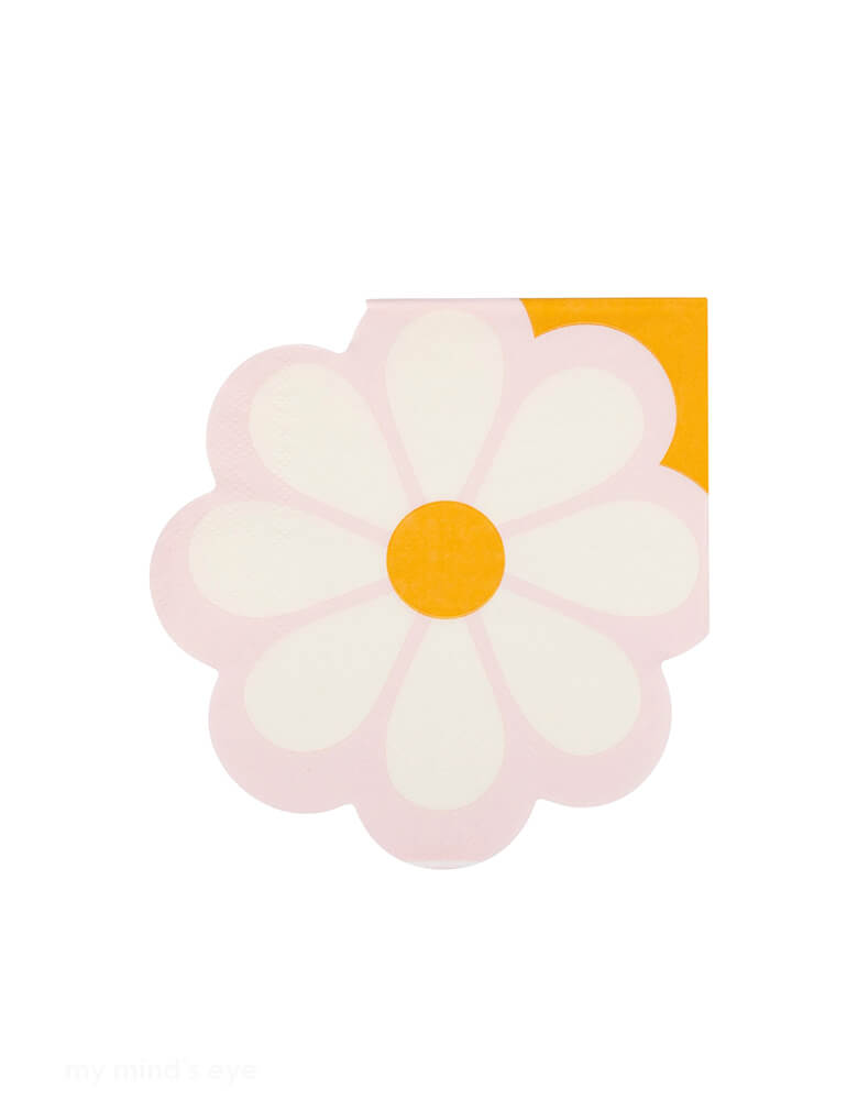 Momo Party's 5" x 5" Disco Daisy Shaped Small Napkins by My Mind's Eye. Comes in a set of 24 paper napkins in the shape of daisy in pink, orange and white colors, these napkins are perfect for a spring or summer gathering or kid's "Wile One" daisy themed first birthday party.