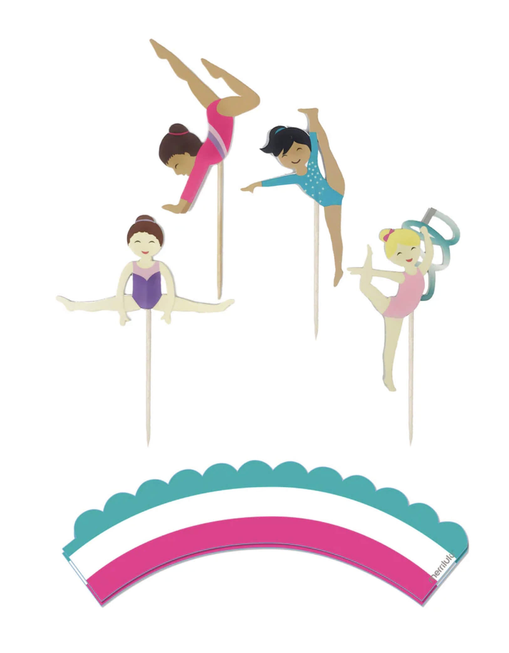 Momo Party's Gymnastics Cupcake Toppers & Wrappers by Merrilulu. Decorate your dessert table with these fun gymnast girls in action! The set comes with Double-sided 12 toppers in 4 design and 12 stripe color wrappers (DO NOT USE IN OVEN)
Each girl is about 2-3 inches tall. The wooden food picks are about 4 inches. They are perfect for cupcakes, cakes, cheese cubes and more.