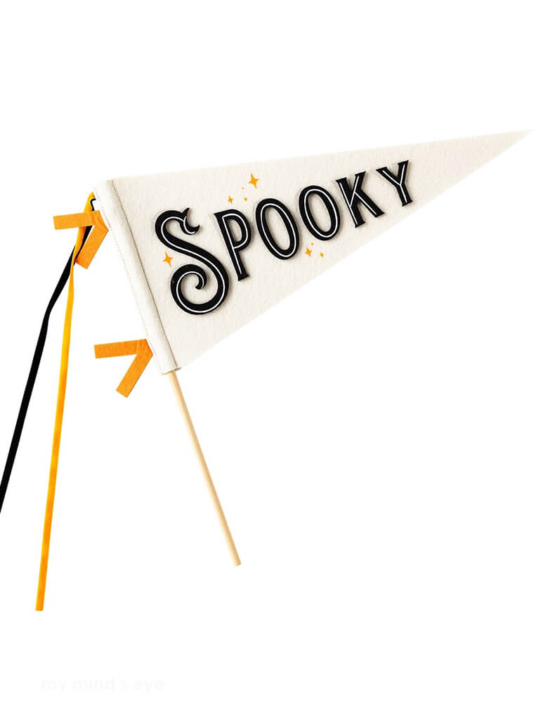 Momo Party's 15" Spooky Halloween Felt Pennant Banner by My Mind's Eye. Get ready to haunt your home with this Spooky Felt Pennant! Perfect for Halloween decor, this felt pennant will add a touch of spookiness to your space. Whether you're throwing a creepy party or just looking to add some festive flair, this pennant is sure to do the trick (or treat!).