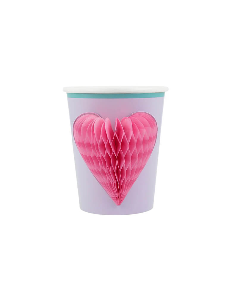 Momo Party's 9oz honeycomb Happy Icons Cups by Meri Meri. Comes in a set of 8 cups in 8 designs/colors - lilac, green, yellow, peach and shades of pink - with complementary colored borders, each cups features a 3D honeycomb designs including cherries, daisies, hearts and stars. These adorable cups are perfect for retro themed happy celebration!