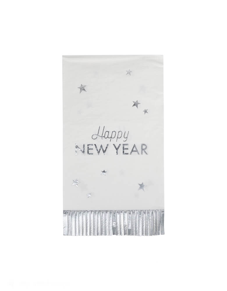 Momo Party's 3.75" x 7.5" Happy New Year Fringed Dinner Napkins by My Mind's Eye. These festive silver fringe dinner napkins with silver star design will add a touch of fun and flair to your party. Ring in the new year with a playful twist and keep the cleanup easy with these fringed napkins.