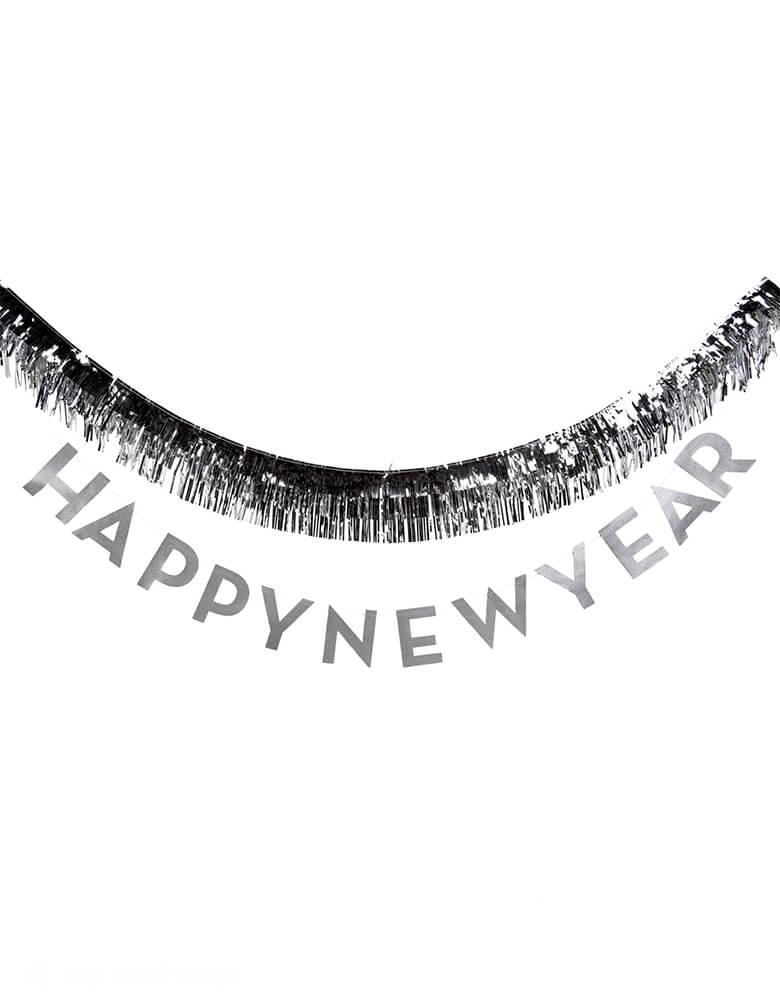 Momo Party's 8' Happy New Year Fringed Banner by My Mind's Eye. This festive set includes a sparkly silver banner to celebrate the holiday season. Make your decorations pop and ring in the new year in style with this must-have party accessory!